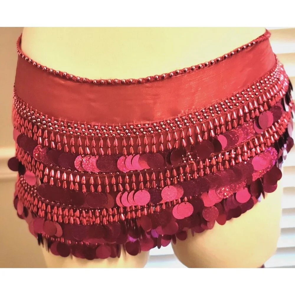 Belly Dance Paillette Hip Scarf Burgundy Magenta Beaded Fringe Preowned Costume